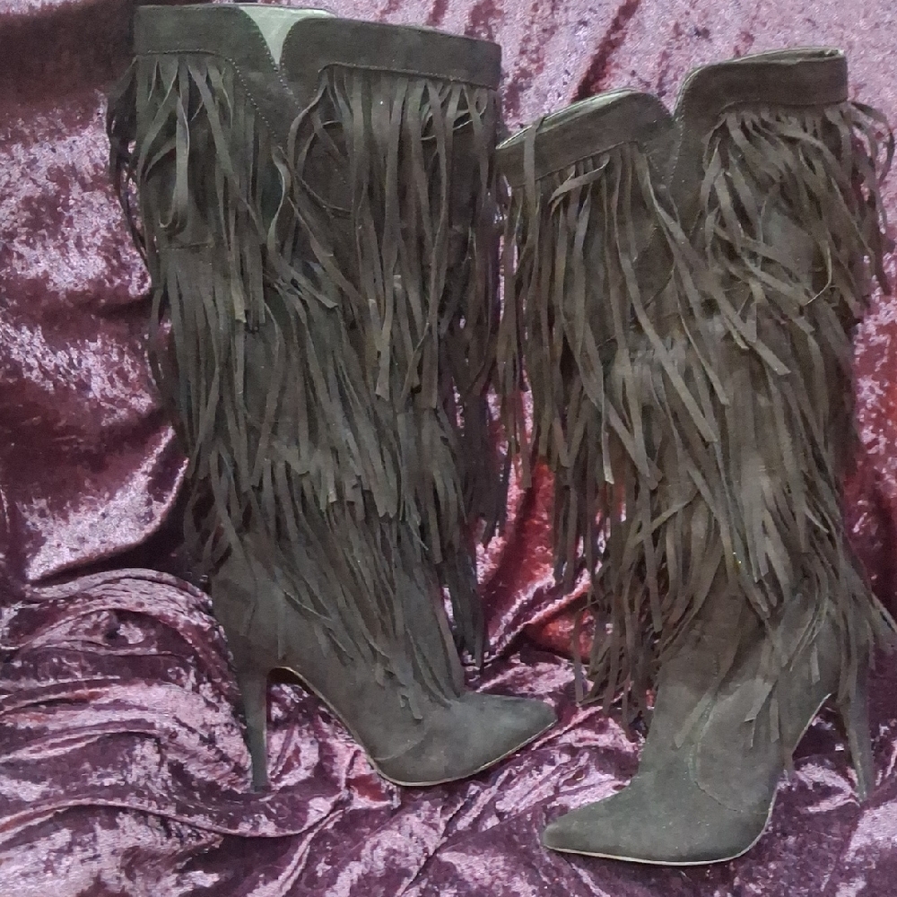 JustFab Black Heeled Boots with Fringe